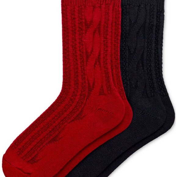 HUE Cable Ribbed Crew Length Boot Socks 2 Pack Black / Red One Size Made in USA - Picture 1 of 15